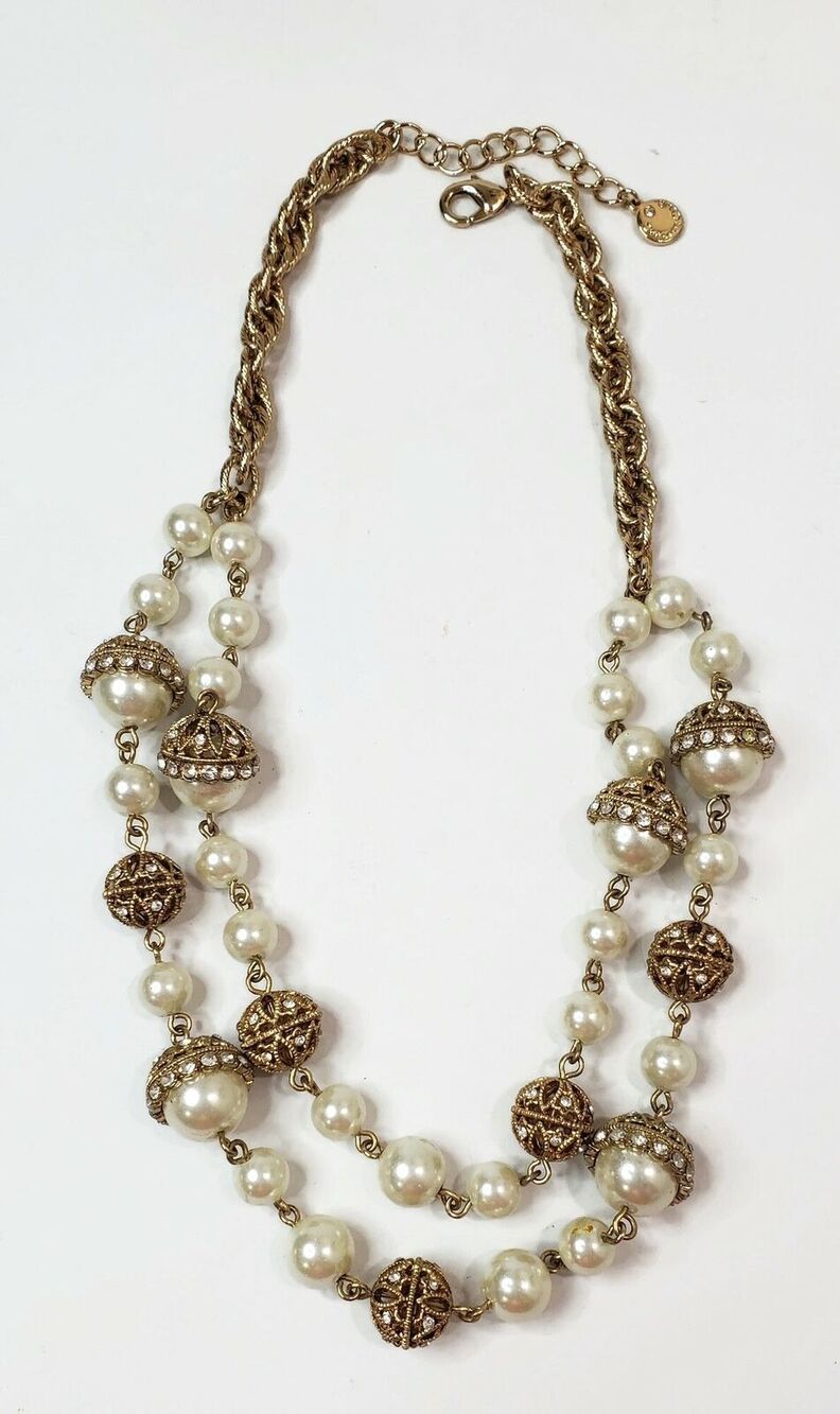 Charter Club Champagne Faux Pearl Rhinestone Gold Tone Necklace 19"